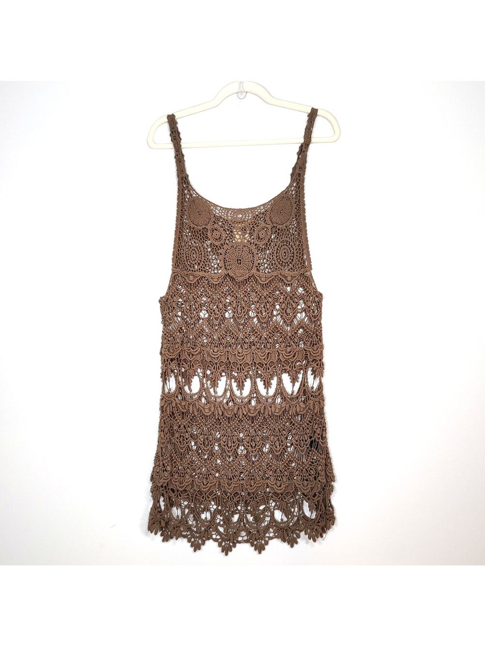 Oat New York Crochet Cotton Tank Dress Swim Cover Up Brown Green L Boho Festival